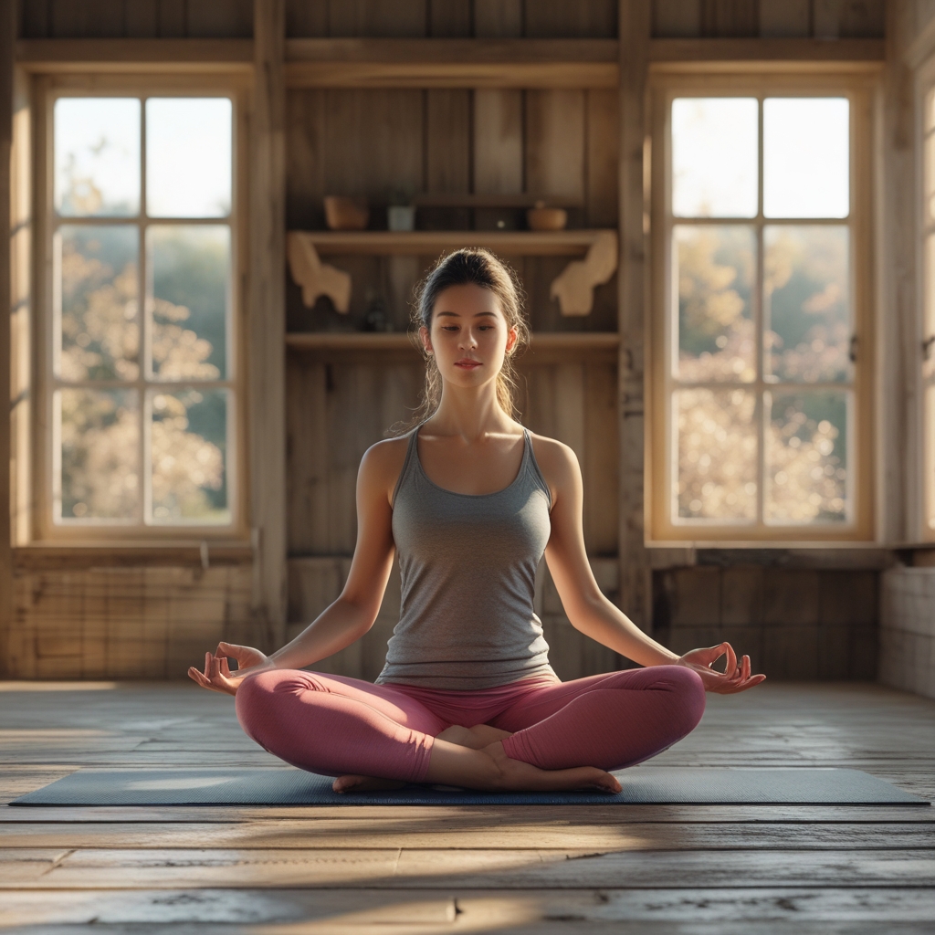Person in ruhiger Streckpose auf einer Yogamatte in einem hellen, holzvertäfelten Raum mit natürlichem Licht