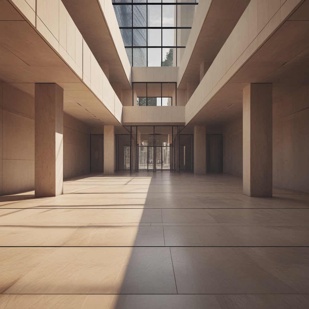 Symmetrische Architektur eines modernen Gebäudes mit klaren Linien und Gleichgewicht, das strukturelle Stabilität darstellt