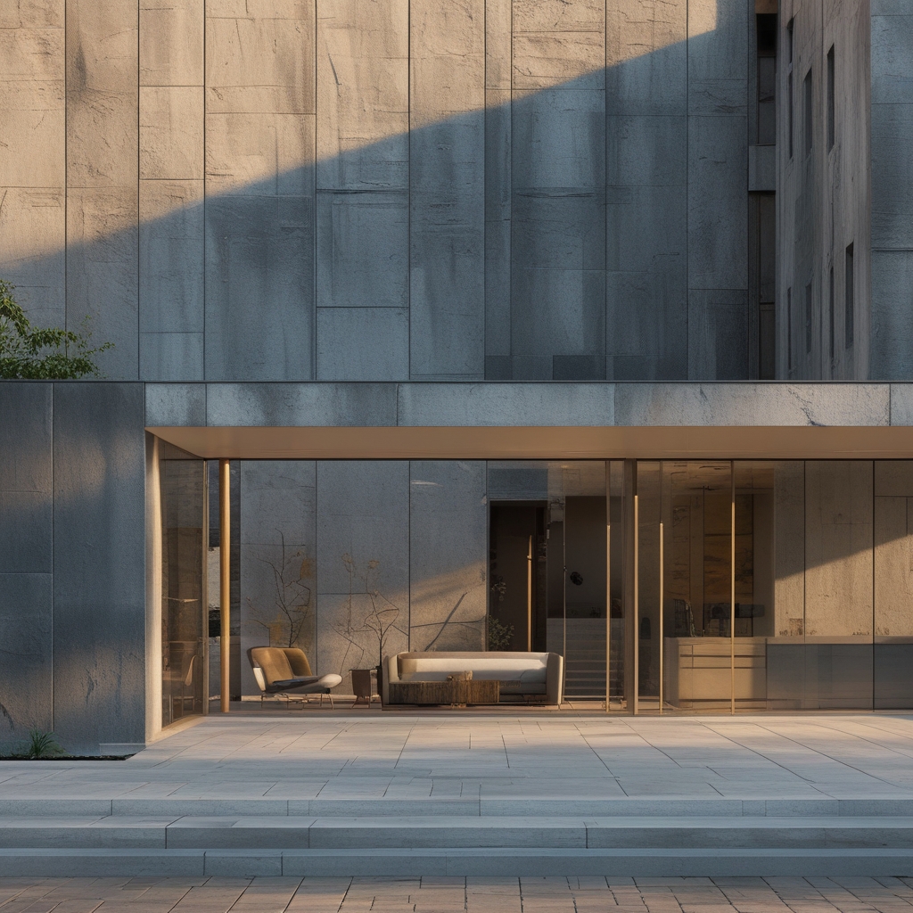 Ruhige Außenaufnahme eines modernen Gebäudes mit symmetrischer Fassade, die strukturelles Gleichgewicht und Ausrichtung veranschaulicht