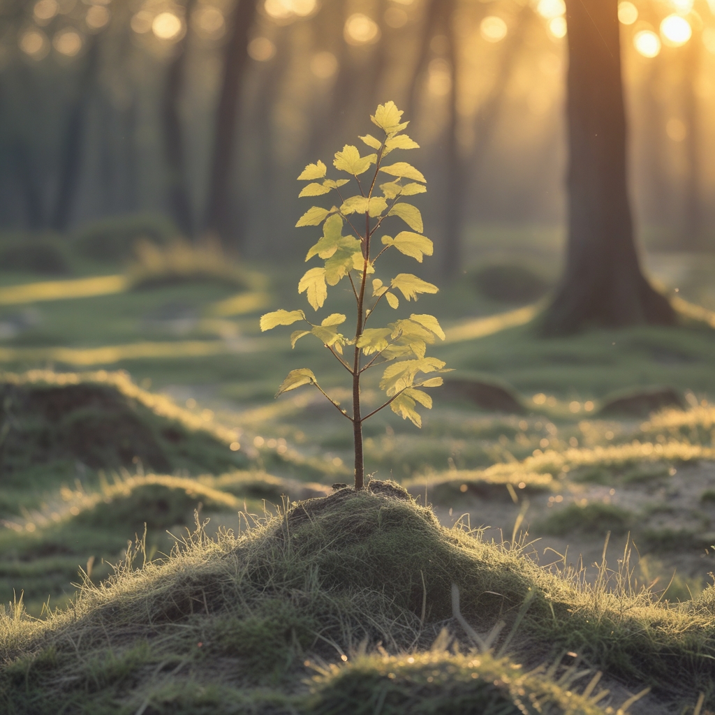 Ruhige Naturlandschaft mit weichem Licht durch Baumkronen, die Bewegung und Gleichgewicht symbolisiert