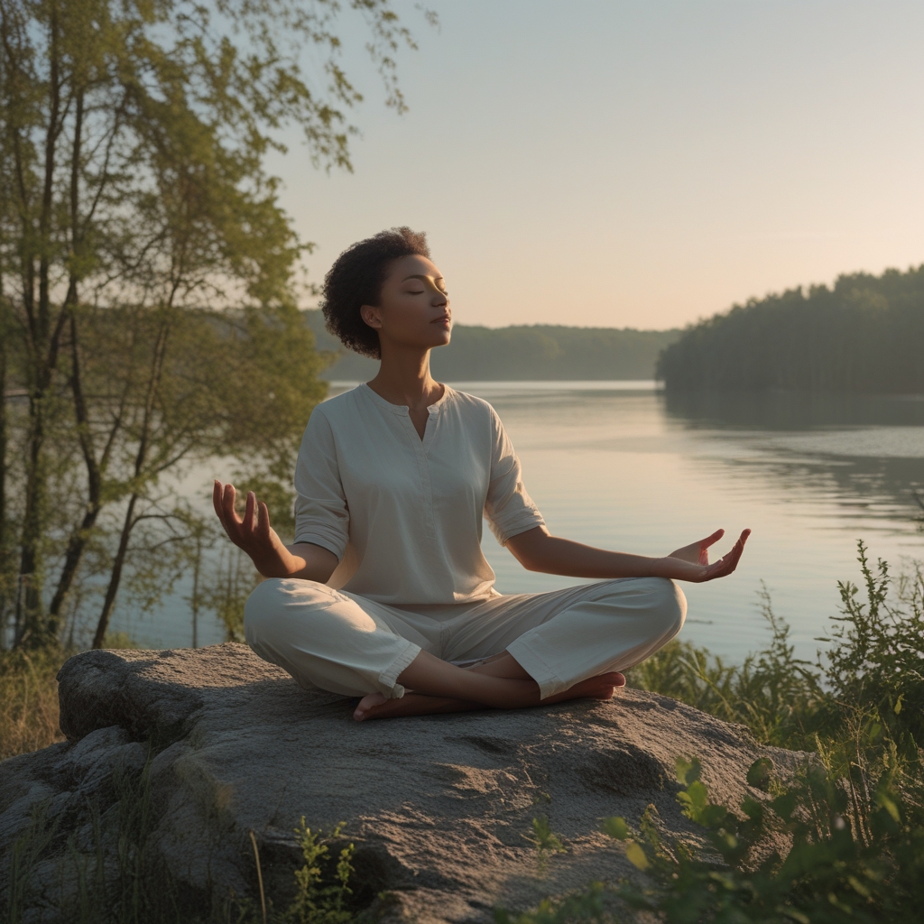 Person in entspannter Meditationspose auf einem erhöhten Felsvorsprung mit ruhigem See und Wald im Hintergrund bei Morgenlicht